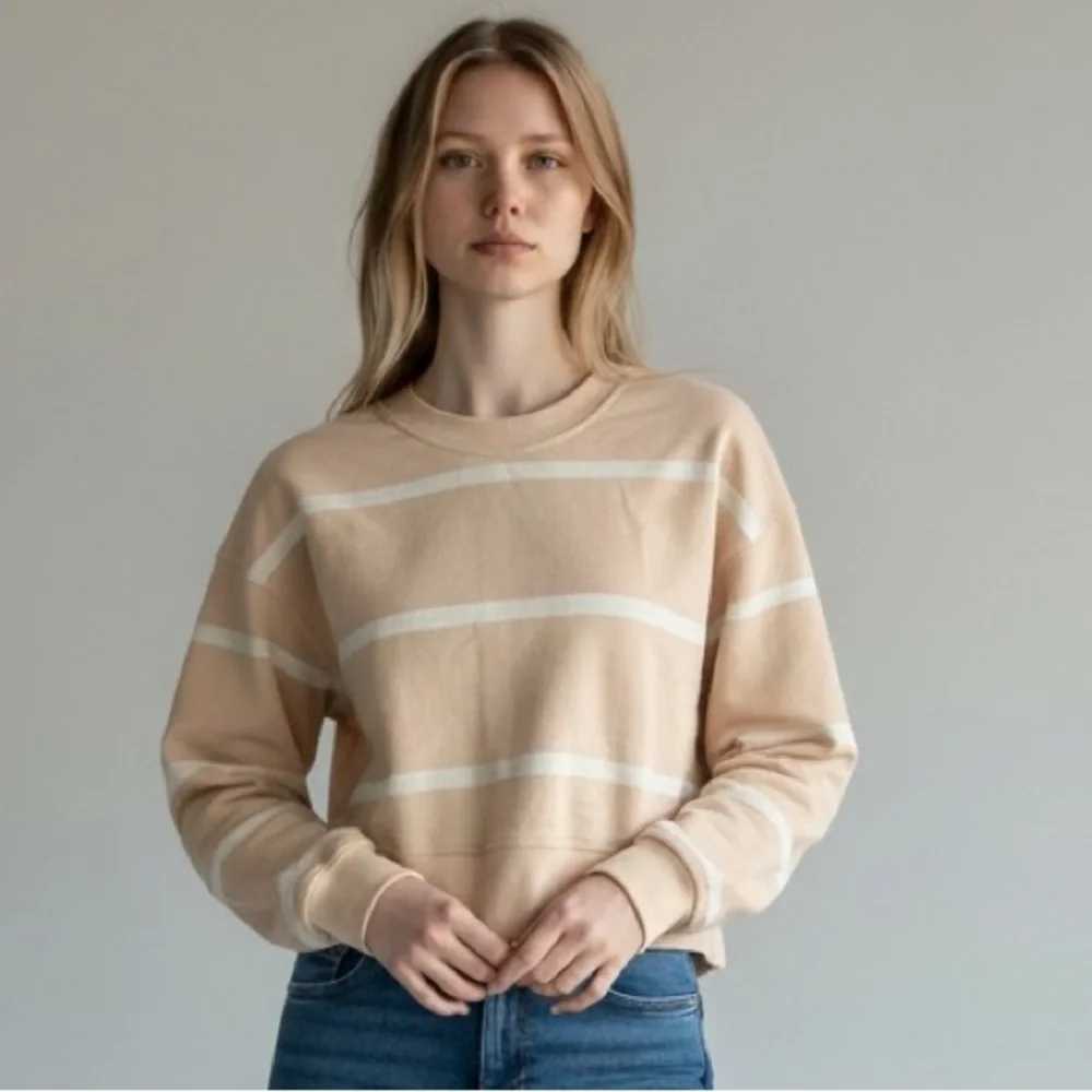 Lululemon Perfectly Oversized Cropped Crew Stripe Cafe Au Lait Sweatshirt Size 4 - Picture 1 of 7
